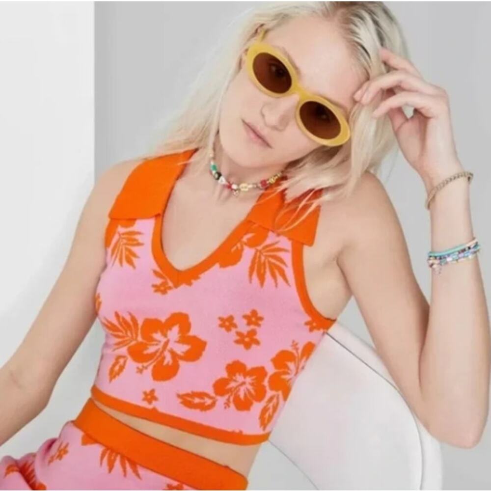 Wild Fable Tropical Print Collared Crop Top Medium NWT